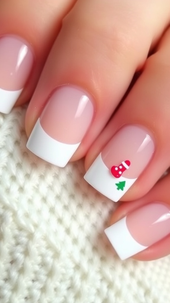 Short French Christmas nails with white tips and festive red and green accents.